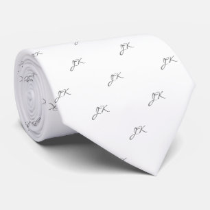 White Slate Grey Script Pattern Monogram Tie