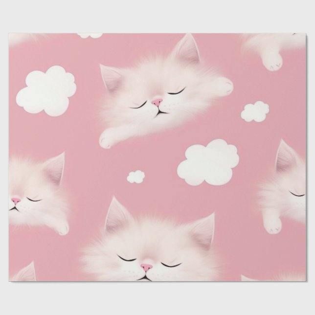 White Sleeping Kittens On Pink Wrapping Paper (Flat)