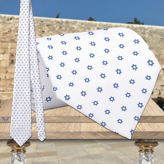 White & Small Blue Star Of David Wedding Tie (Creator Uploaded)