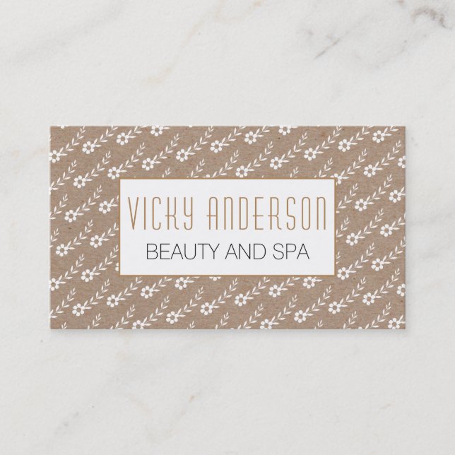 White small flowers on kraft paper rustic business card (Front)