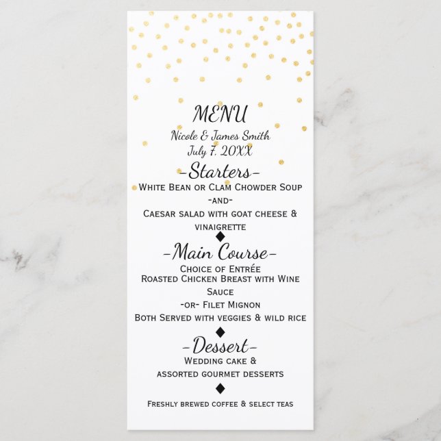 White Small Gold Confetti Elegant Menu Card (Front)