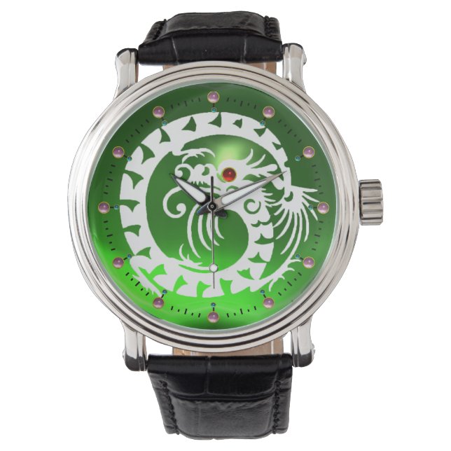 WHITE SNAKE DRAGON Black ,Green Emerald ,Pink Gems Watch (Front)