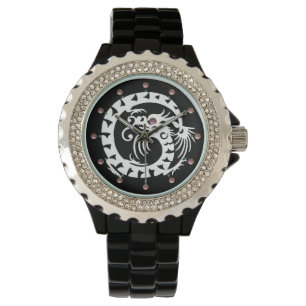 WHITE SNAKE DRAGON Black ,Pink Gemstones Watch