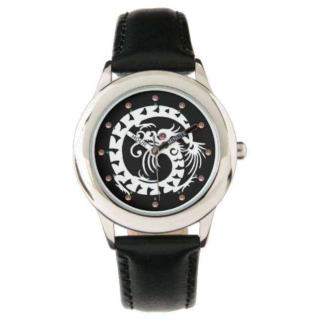 WHITE SNAKE DRAGON Black ,Pink Gemstones Watch (Front)
