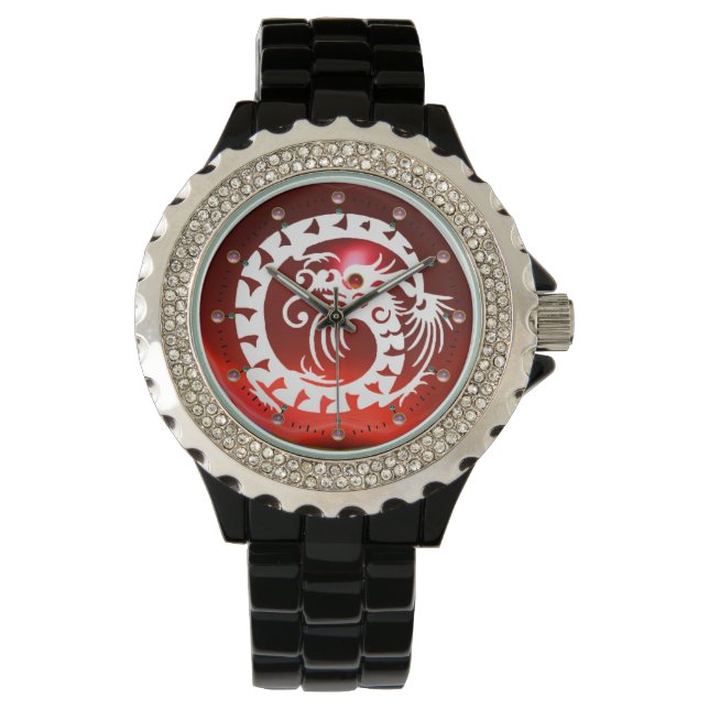 WHITE SNAKE DRAGON Black ,Red Ruby,Pink Gemstones Watch (Front)