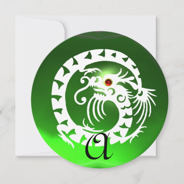WHITE SNAKE DRAGON GREEN EMERALD GEM  MONOGRAM INVITATION (Front)