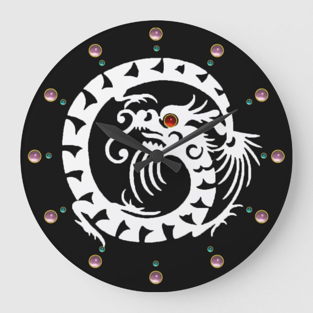 WHITE SNAKE DRAGON IN BLACK ,PINK GEMSTONES LARGE CLOCK (Front)