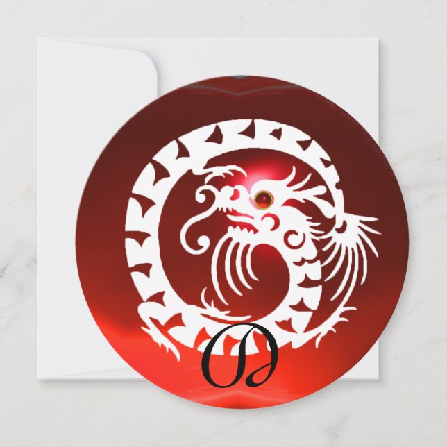WHITE SNAKE DRAGON RED RUBY GEM STONE MONOGRAM INVITATION (Front)