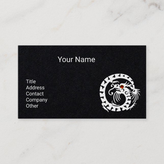 WHITE SNAKE DRAGON,RED RUBY GEMSTONE Black Paper Business Card (Front)