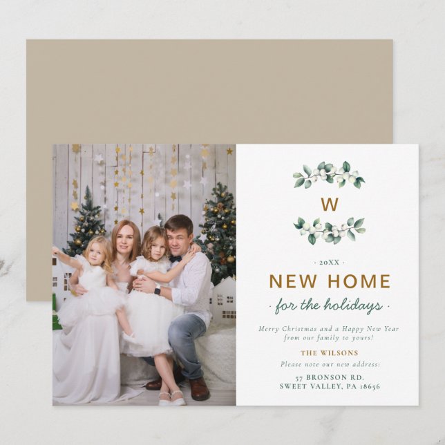 White Snow Berries Moving Family Monogram Photo Holiday Card (Front/Back)