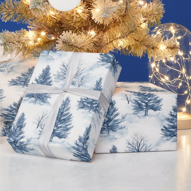 White Snow Blue Christmas Trees Wrapping Paper (Holidays)