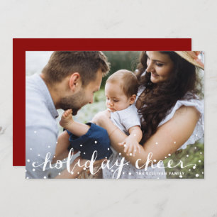 White Snow Christmas Cheer Rustic Script Photo Holiday Card