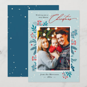 White Snow Christmas Floral Pine Leaves Photo Holiday Card