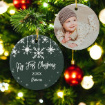 White snow elegant green my first christmas photo ceramic tree decoration<br><div class="desc">Celebrate your baby first Christmas with this modern white snow and hanging snowflakes in white elegant christmas season ornament on green. Add your baby's photo.</div>