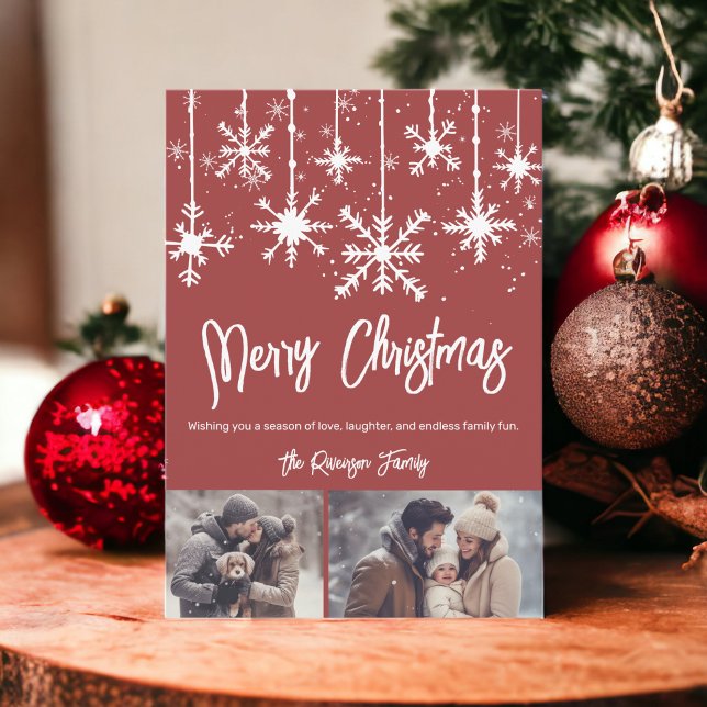 White snow elegant red merry christmas 2 photos holiday card (White snow elegant red merry christmas 2 photos holiday card)