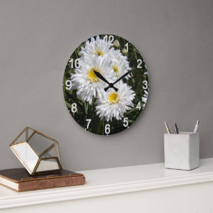 White Snow Flake Daisies, Large Clock
