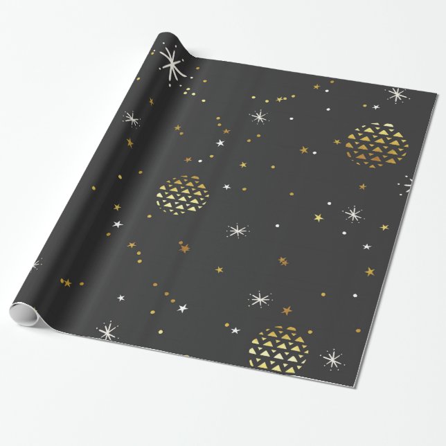 White Snow Flakes And Gold Balls Wrapping Paper (Unrolled)