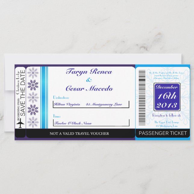 White Snow Flakes Boarding Pass Wedding Invitation (Front)