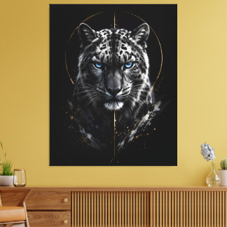 White Snow Leopard Portrait | Blue Eyes | Black Go Canvas Print
