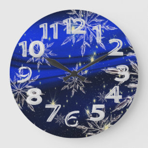 White snow on blue background large clock