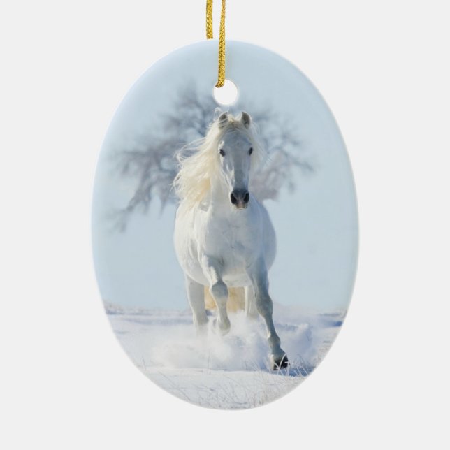 White Snow Stallion & Tree Horse Holiday Ornament (Back)