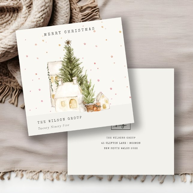 White Snow Tree Houses Logo Christmas Greetings Holiday Card (Creator Uploaded)