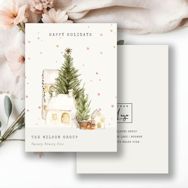 White Snow Tree Houses Logo Seasons Greetings Holiday Card (Creator Uploaded)