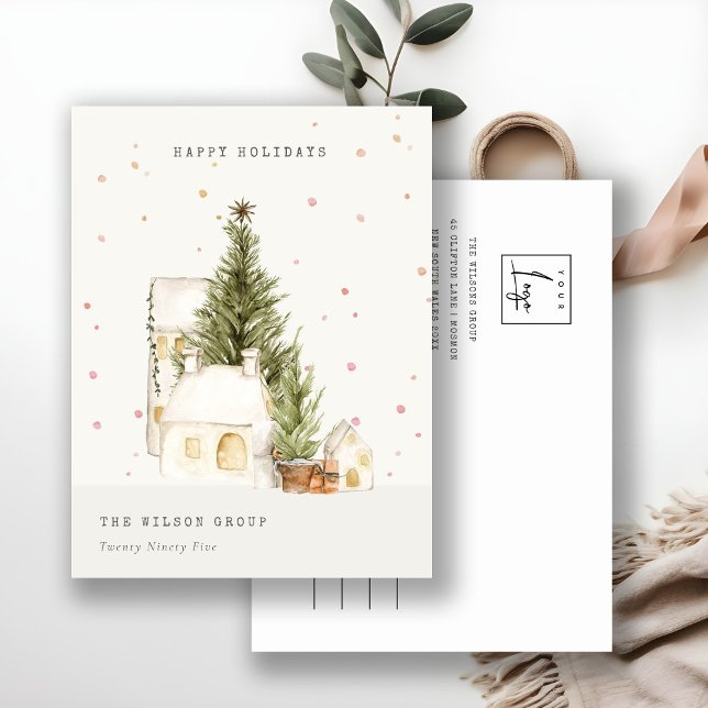 White Snow Tree Houses Logo Seasons Greetings Holiday Postcard (Creator Uploaded)