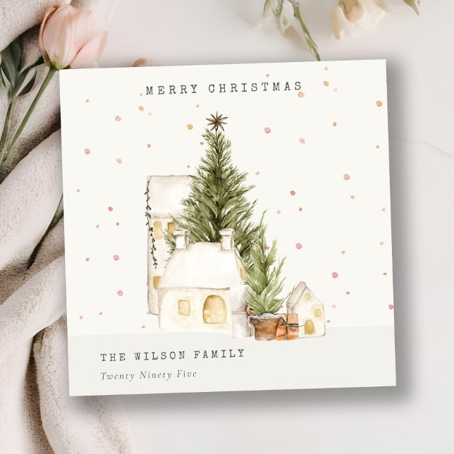 White Snow Tree Houses Merry Christmas Greetings Holiday Card (Creator Uploaded)