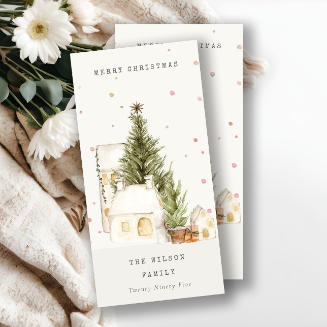 White Snow Tree Houses Merry Christmas Greetings Holiday Card (Creator Uploaded)