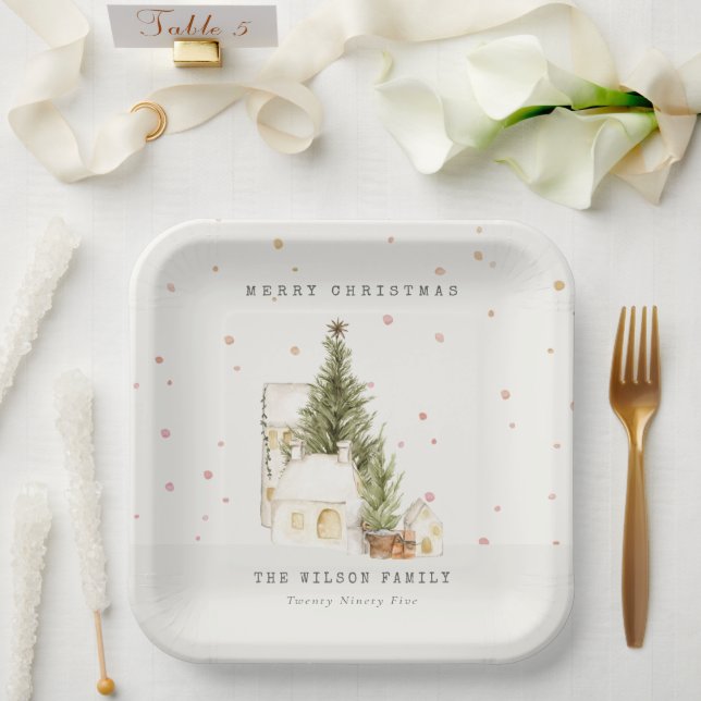 White Snow Tree Houses Merry Christmas Greetings Paper Plate (Wedding)