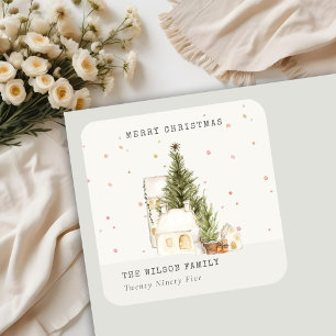 White Snow Tree Houses Merry Christmas Greetings Square Sticker