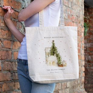 White Snow Tree Houses Merry Christmas Greetings Tote Bag