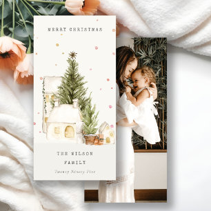 White Snow Tree Houses Photo Christmas Greetings Holiday Card