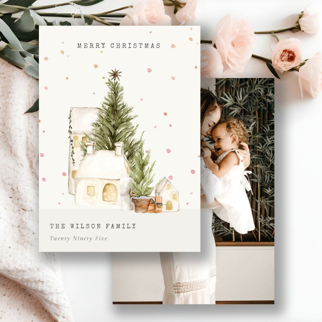 White Snow Tree Houses Photo Christmas Greetings Holiday Card (Creator Uploaded)