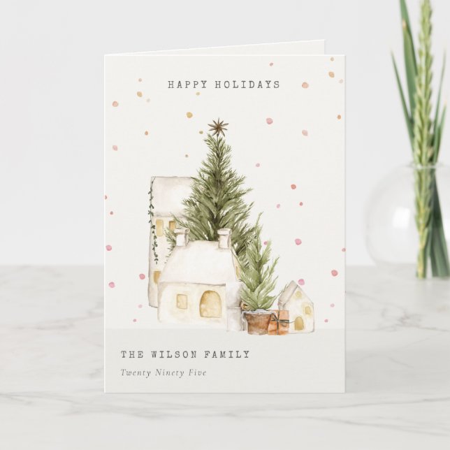 White Snow Tree Houses Photo Seasons Greetings Holiday Card (Front)