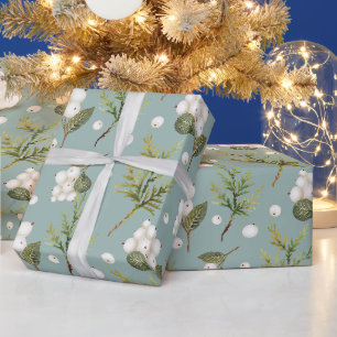 White Snowberry and Cedar Branches Pastel Green Wrapping Paper