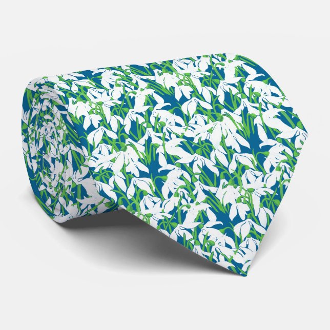 White Snowdrop Flowers on Deep Blue Background Tie (Rolled)