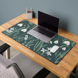 White Snowdrops Flowers On Green Desk Mat