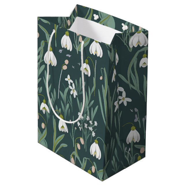 White Snowdrops Flowers On Green Medium Gift Bag (Back Angled)