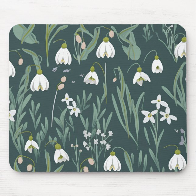 White Snowdrops Flowers On Green Mouse Mat (Front)