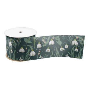 White Snowdrops Flowers On Green Satin Ribbon