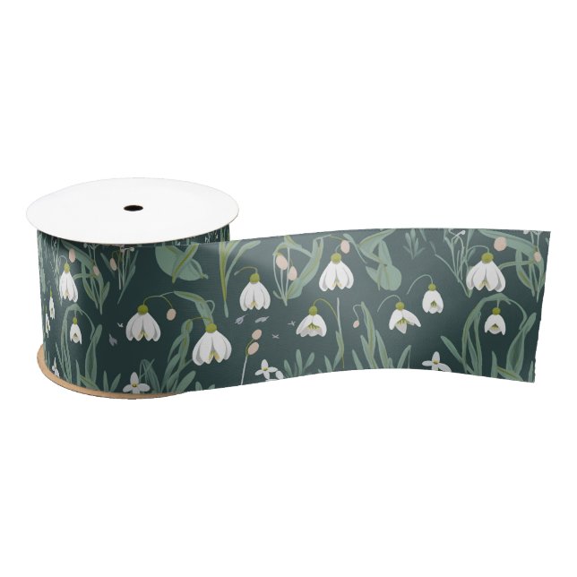 White Snowdrops Flowers On Green Satin Ribbon (Spool)