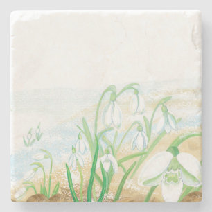 White Snowdrops, Galanthus nivalis Illustration Stone Coaster