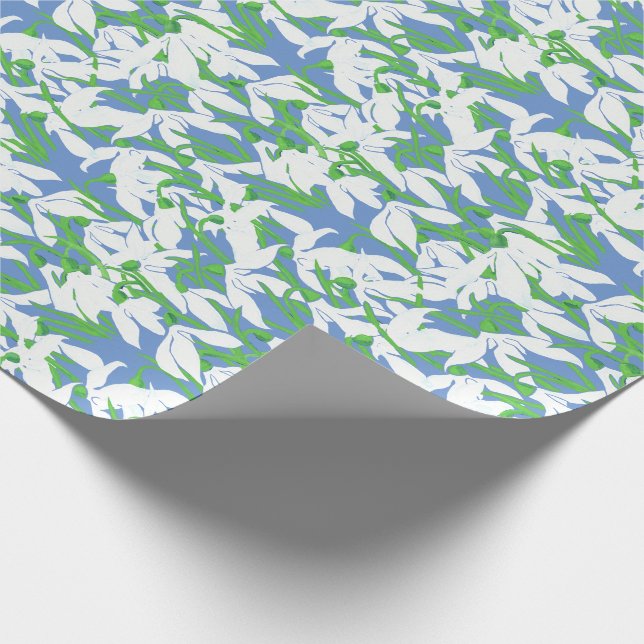 White Snowdrops on Powder Blue Floral Pattern Wrapping Paper (Corner)