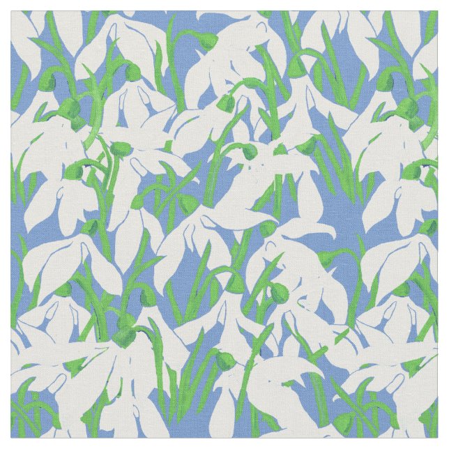 White Snowdrops on Soft Blue Floral Pattern Fabric (Close Up)