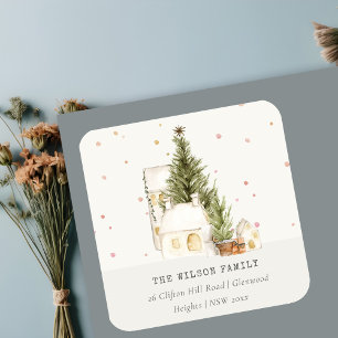 White Snowfall Tree Houses Christmas Address Square Sticker