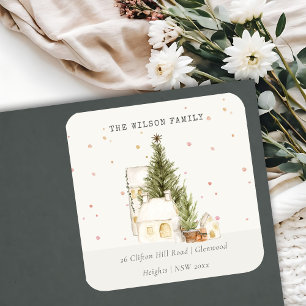 White Snowfall Tree Houses Christmas Address Square Sticker