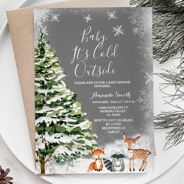 White Snowflake Animal Evergreen Trees Baby Shower Invitation (Creator Uploaded)