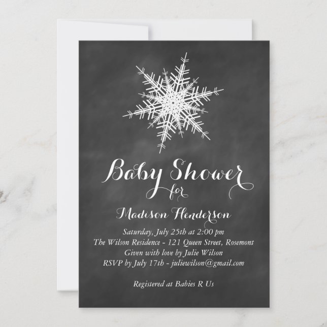 White Snowflake Baby Shower Invite on Chalk (Front)